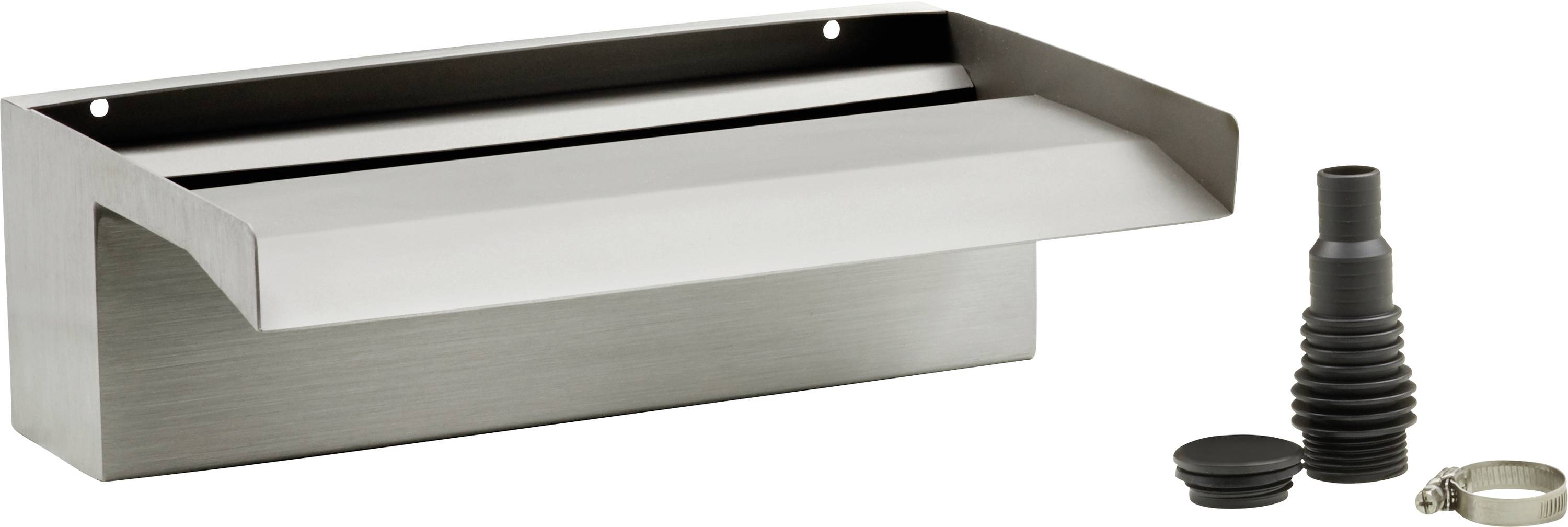Stainless steel water wall scupper with a connecting hose, plug, and clamp, used for creating waterfalls in pools or ponds.
