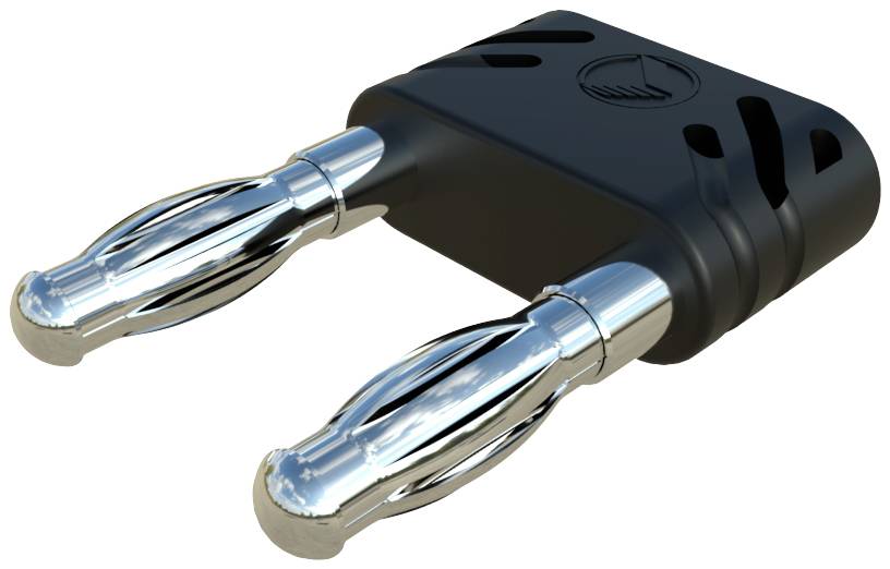 A black and silver adapter plug with two metal pins and ventilation slots on the top surface.