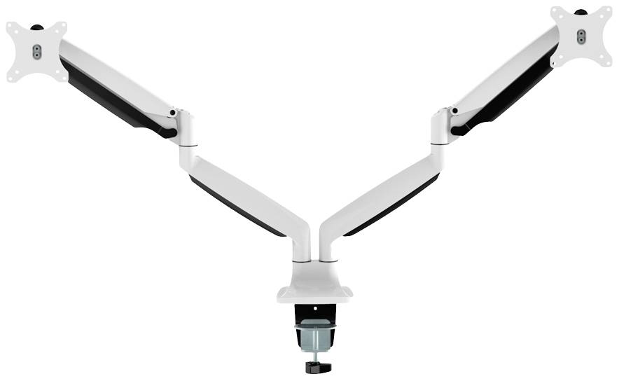 White, adjustable dual monitor mount with two arms and black detailing. Suitable for flexible positioning of screens.