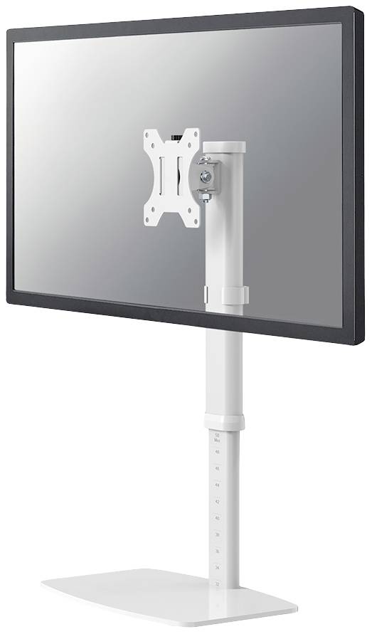 A flat-screen monitor on an adjustable, white stand. The screen is blank and displays no content.