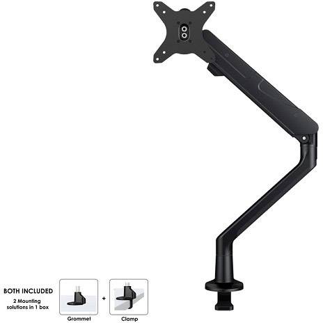 Black monitor arm with adjustable joint, suitable for mounting on a desk. Includes mounting options with clamp and through-bolt fixing.