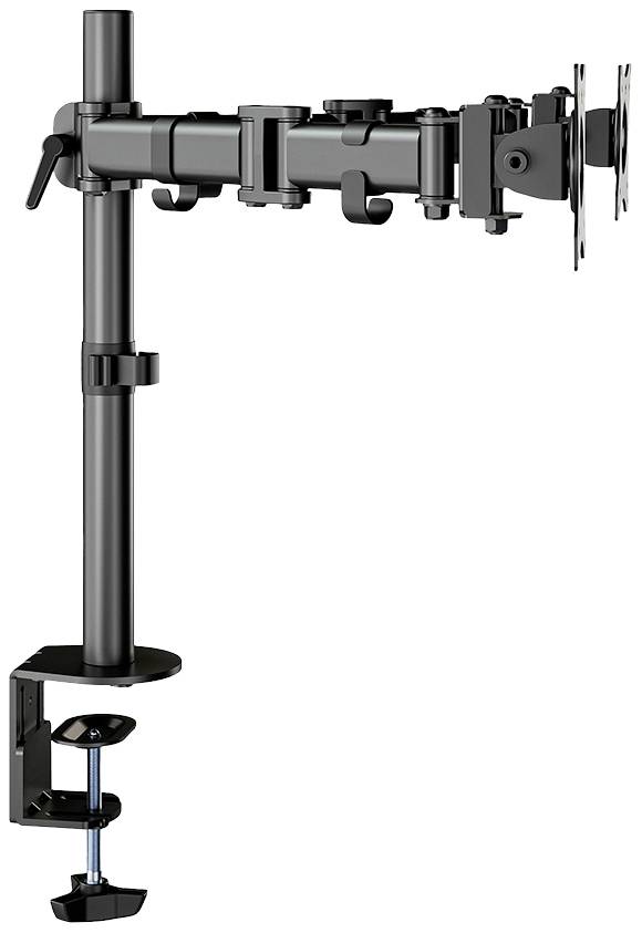 Black monitor mount with adjustable arm, desk-mounted. Suitable for various monitor sizes, ergonomic design.