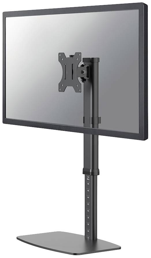 A black monitor stands on an adjustable metal stand. The screen is currently facing straight ahead.