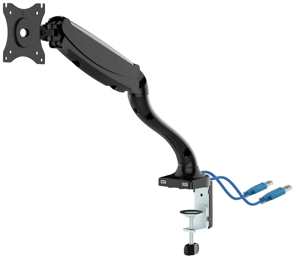Monitor mount with adjustable arm, desk clamp and two blue cables. Suitable for mounting monitors on desks.