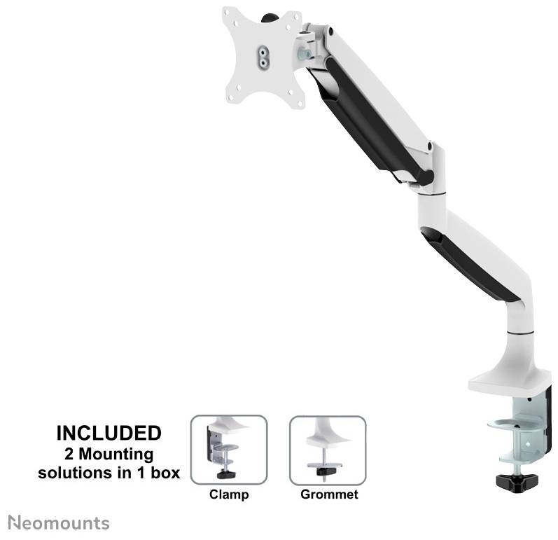 The monitor arm is finished in white and black. Two mounting options are included: clamp and through-desk mounting.