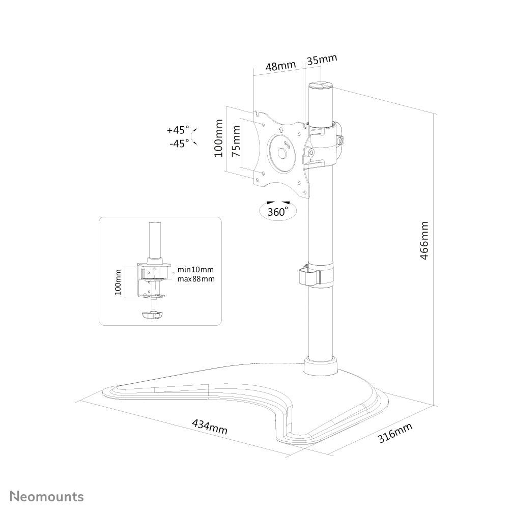 Monitor mount sketch with dimensions: 466mm high, 316mm deep, 434mm wide. 360° rotation, tilt +45°/-45°, VESA mount.
