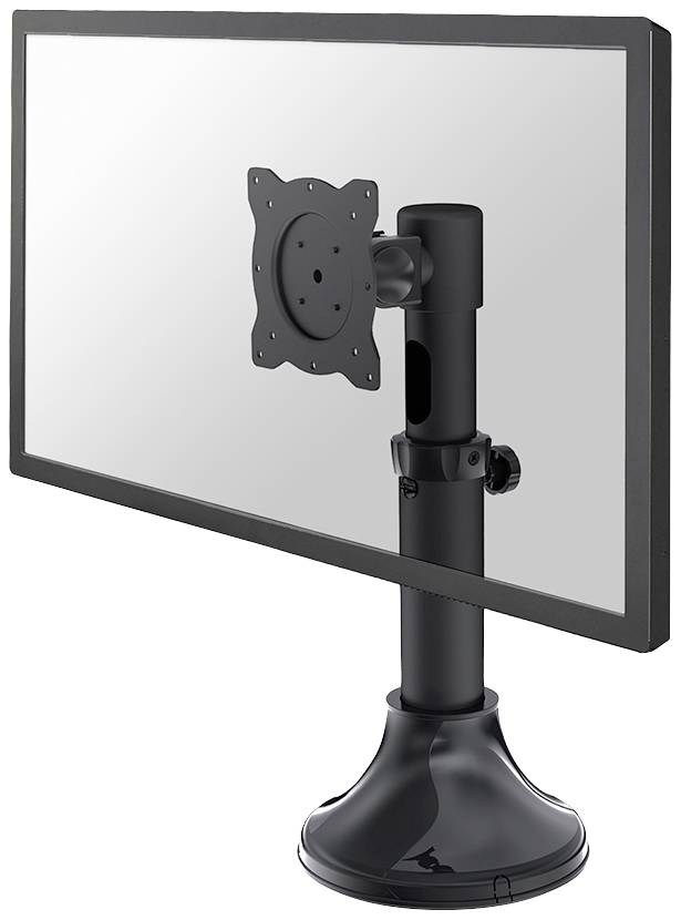 A flat screen mounted on an adjustable-height black stand, ideal for workplace ergonomics.