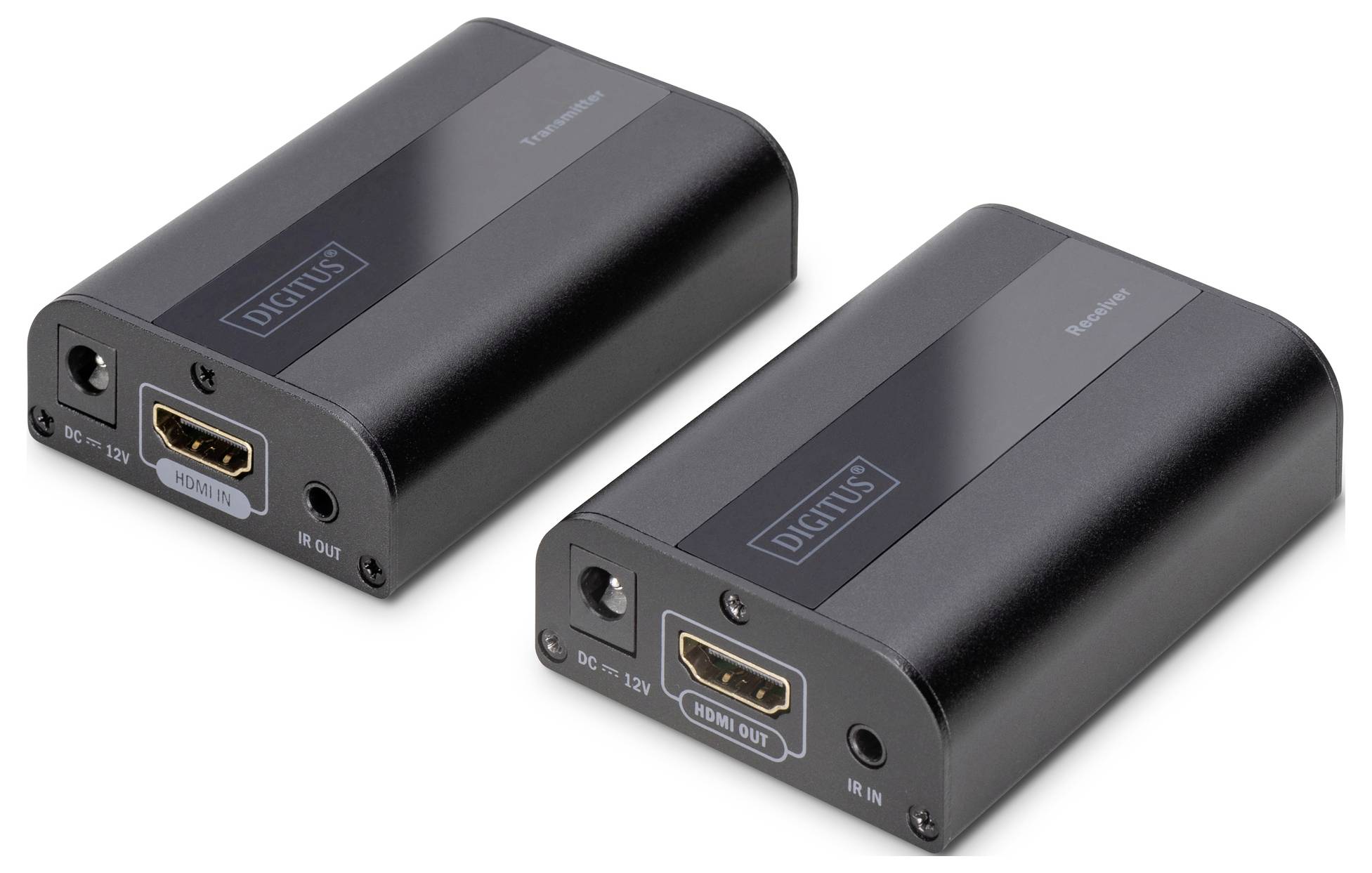 Two black HDMI extenders with ports for 'DC 12V', 'HDMI IN' and 'HDMI OUT'. They enable the extension of HDMI signals.