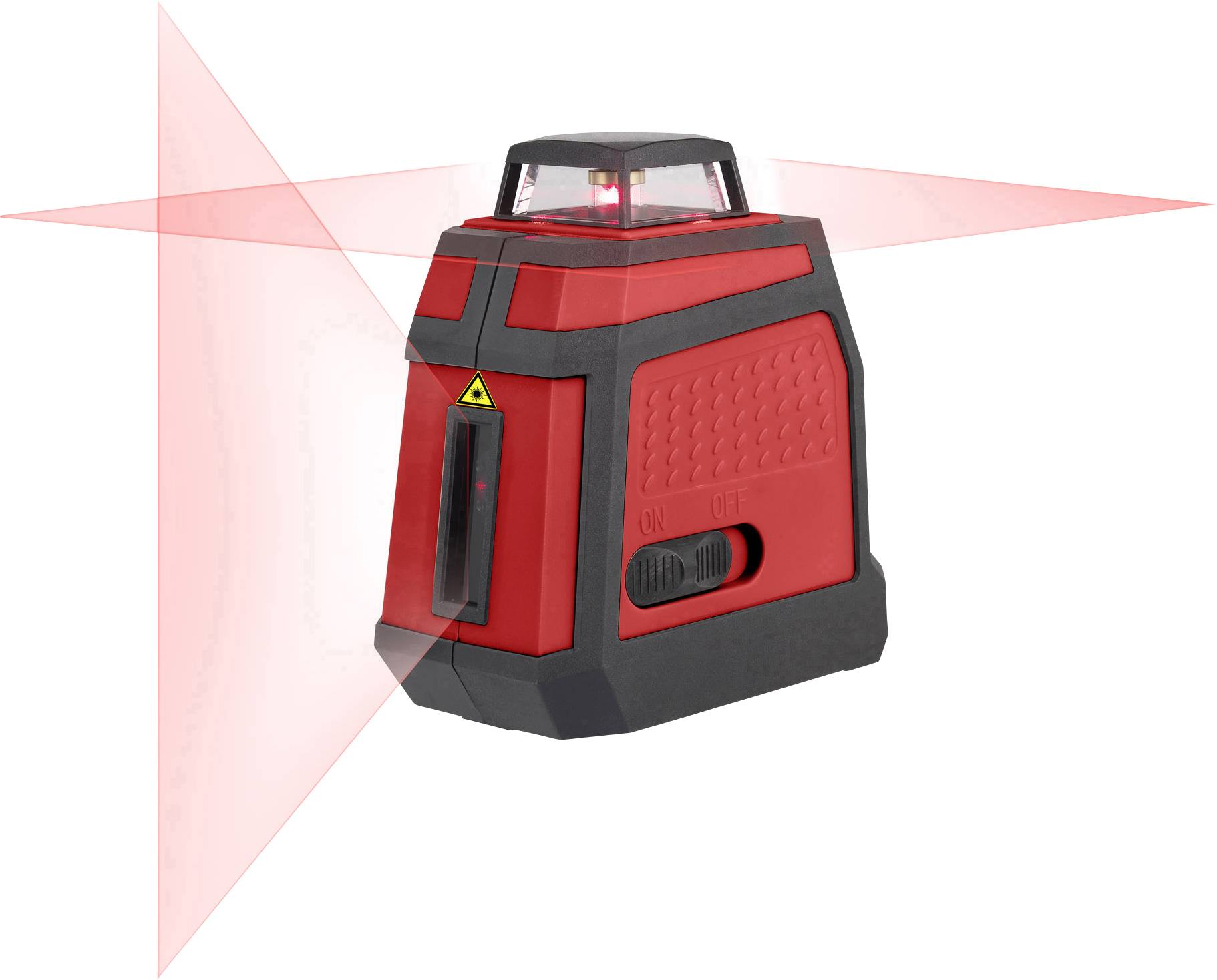 A red cross-line laser projects a red cross onto two intersecting planes. Suitable for construction or renovation work.