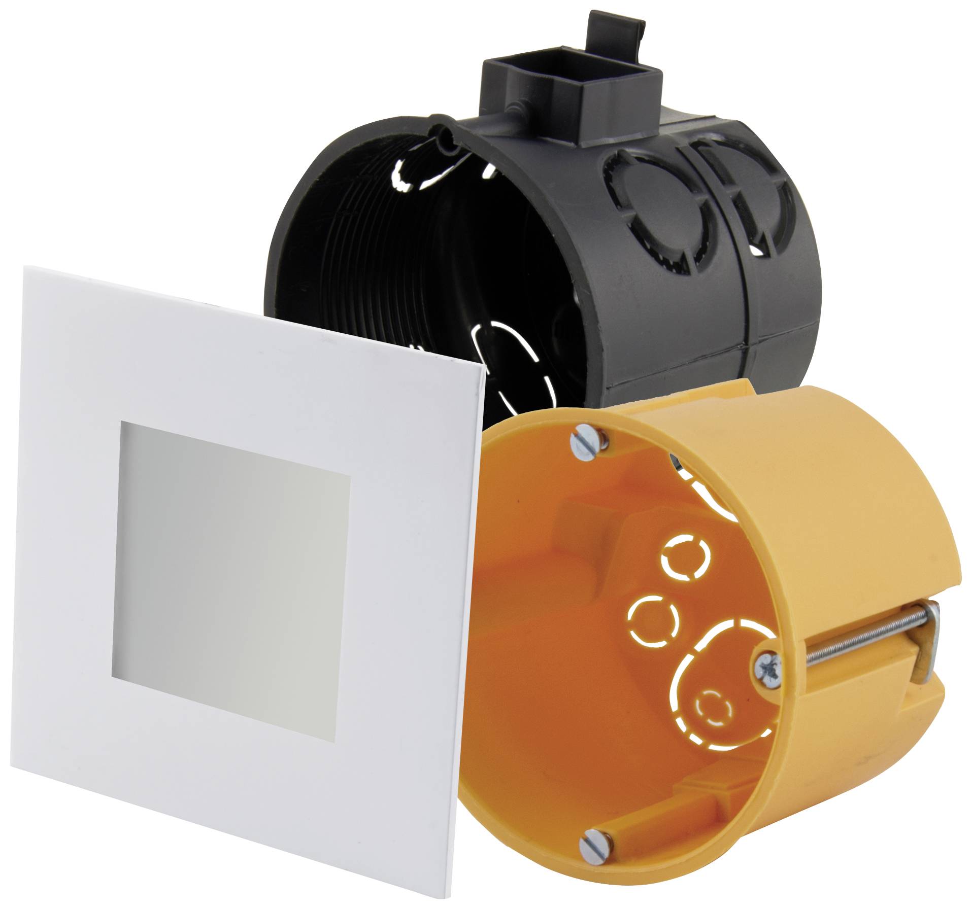 Illustration of an orange hollow wall flush-mounted socket adapter and matching cover, suitable for installation in walls.
