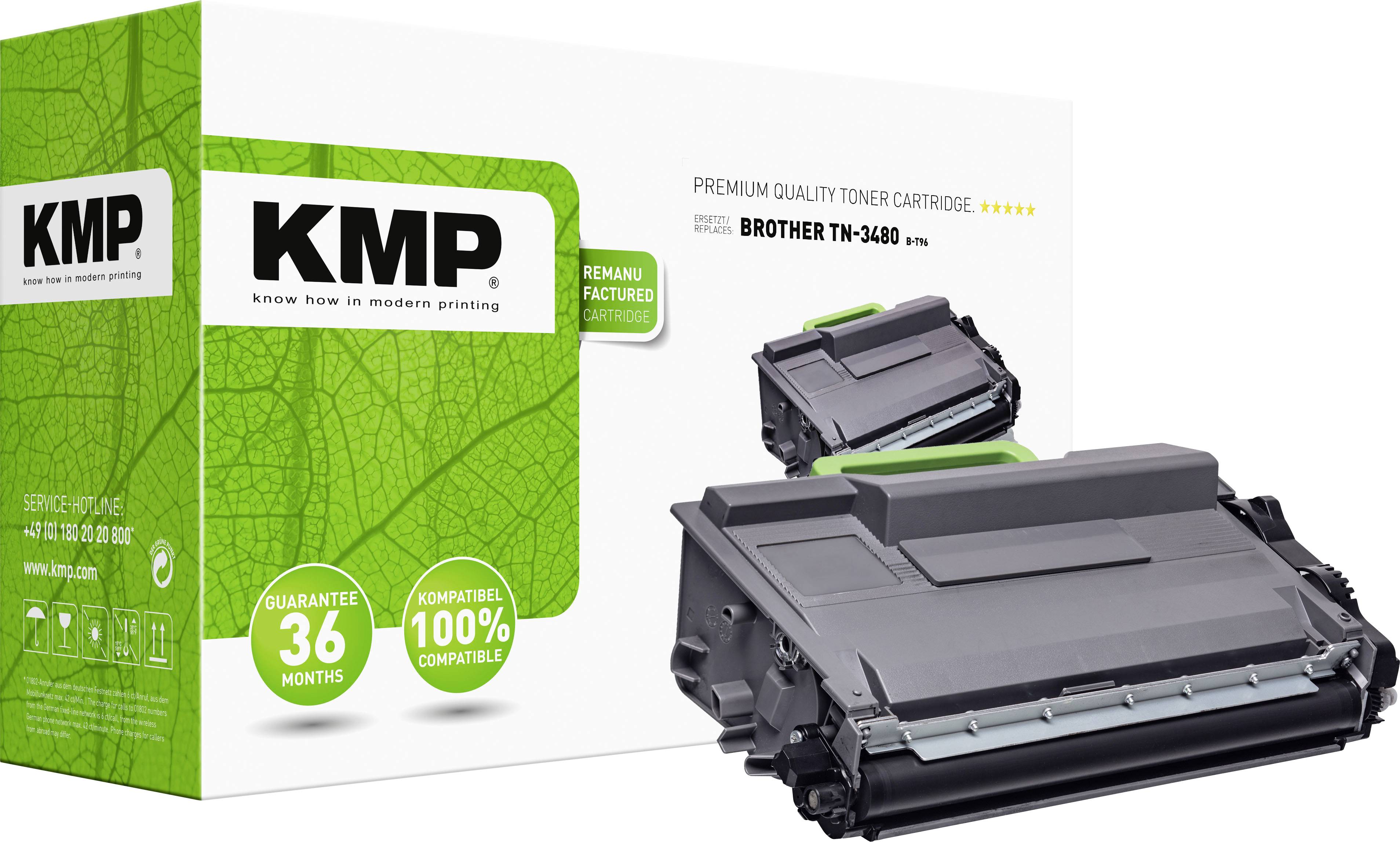 KMP Premium Quality Toner Cartridge, compatible with Brother TN-3480. Packaging in white and green with environmental information. Guaranteed compatibility.