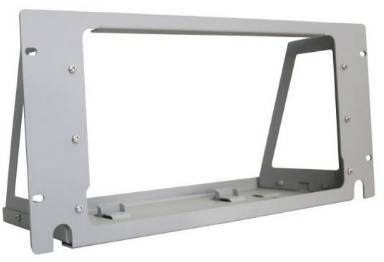 Metal frame bracket with rectangular opening and angled support section, suitable for installations or DIY projects.