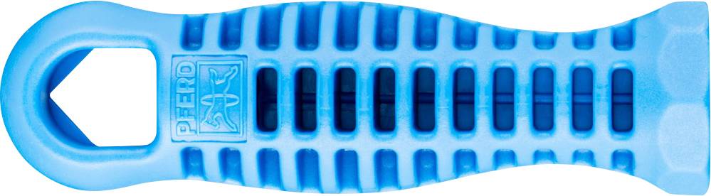 A blue, ribbed sanding block with an ergonomic handle and rectangular openings, suitable for sanding work by hand guidance.