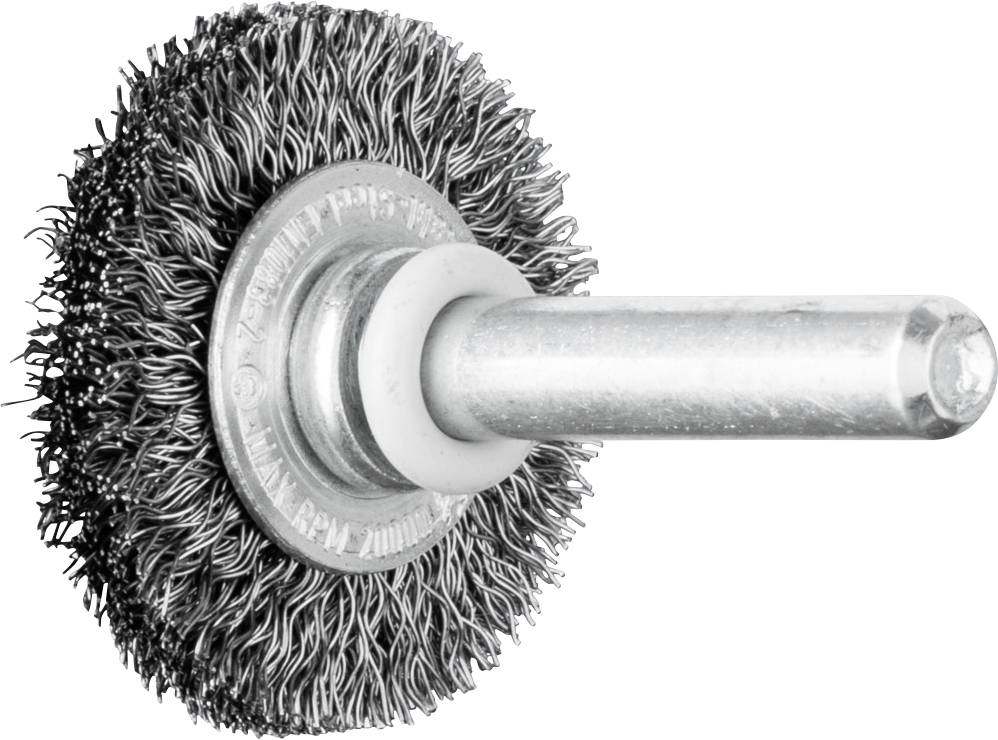 Steel wire brush with a round brush head and metal handle, used for cleaning and rust removal from surfaces.