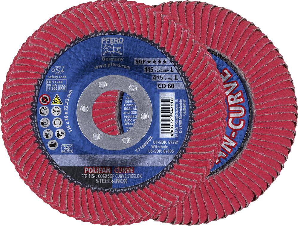 Two red grinding discs with blue centres, showing the 'PFERD' brand. Text on the discs: 'POLIFAN CURVE' and specifications.