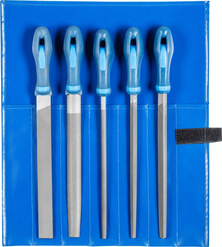 Five different files with blue handles in a blue bag, arranged by size from left to right. Suitable for metalworking.