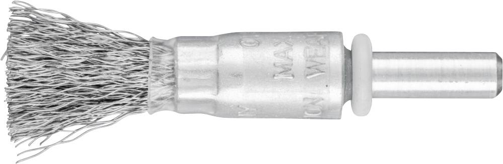 Wire brush attachment with metal bristles and round shaft for securing to power tools. Suitable for cleaning and polishing work.
