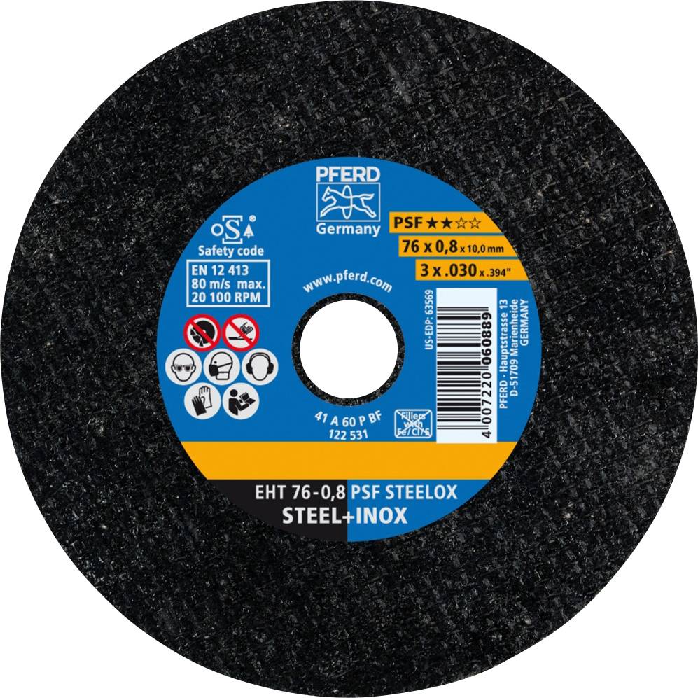 Grinding disc by PFERD Germany with safety code: 80 m/s max., 20,100 rpm. Type: PSF STEELOX, suitable for steel and stainless steel.