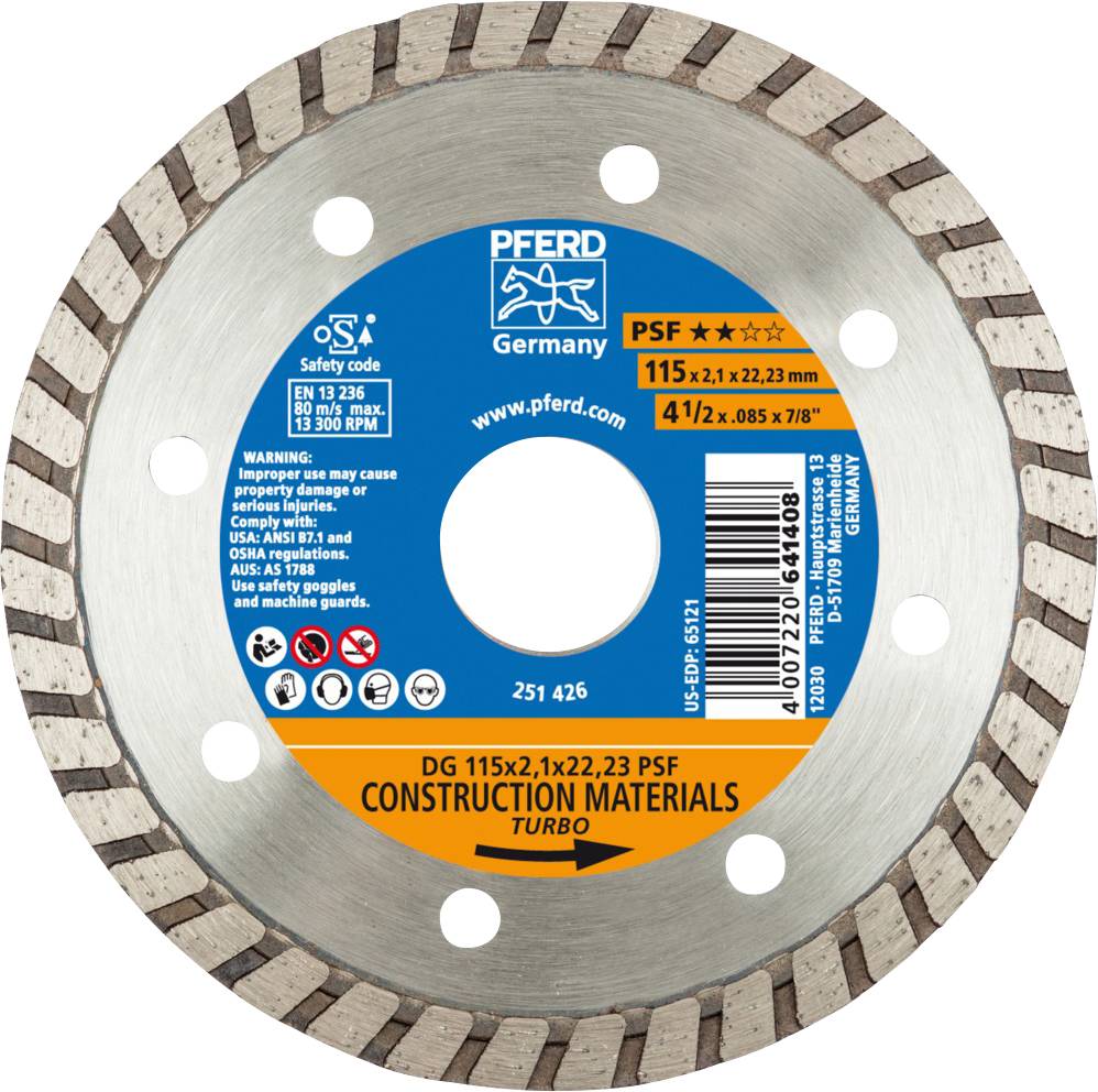 'PFERD Germany' cutting disc for construction materials, diameter 115 mm, pulse welded, turbo design for rapid cutting.