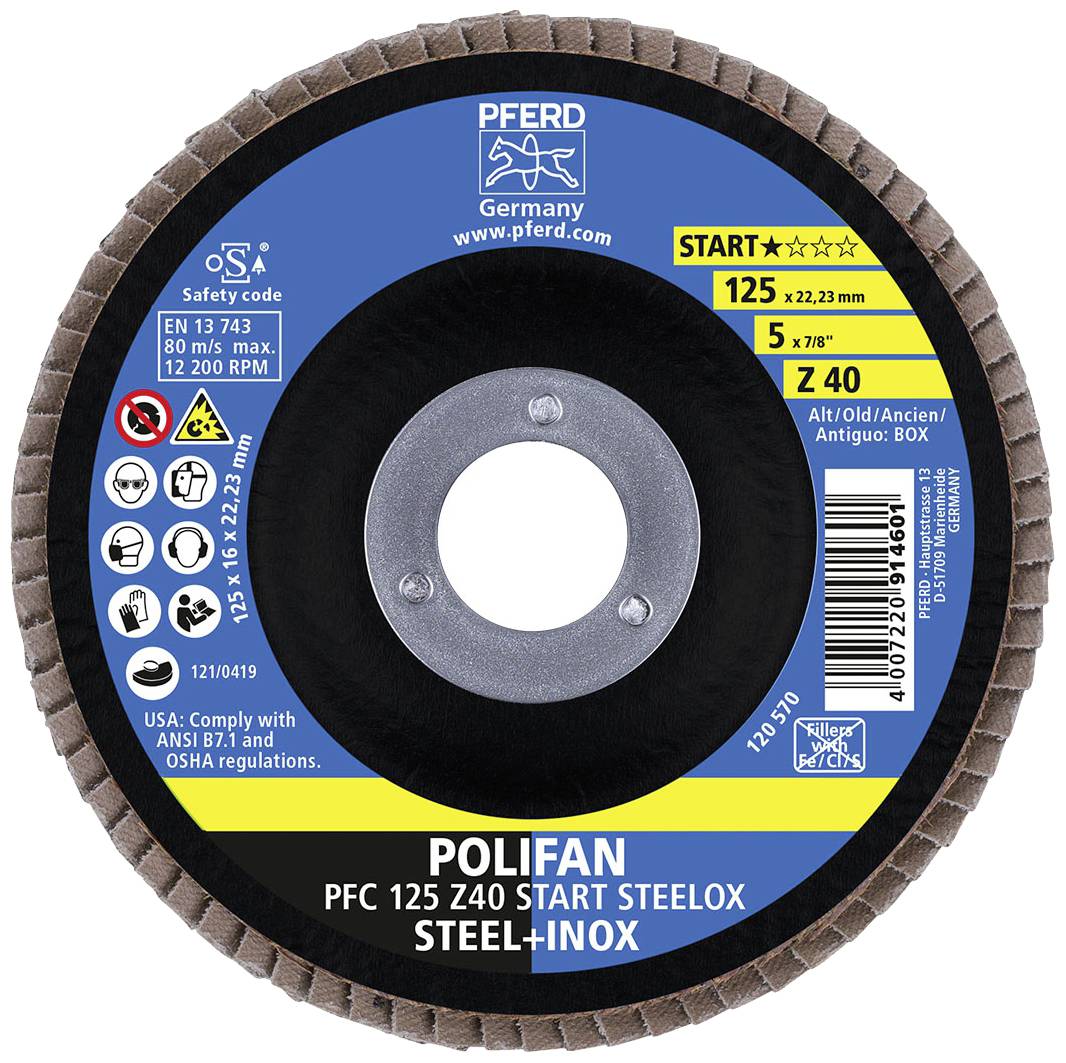 Grinding disc with inscription: POLIFAN PFC 125 Z40 START STEELOX STEEL+INOX. Diameter: 125 mm. Hole diameter: 22.23 mm.