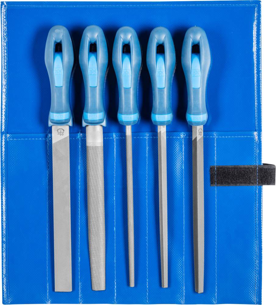 Five-piece file set with blue handles in a blue tool bag. Contains various file shapes for different applications.
