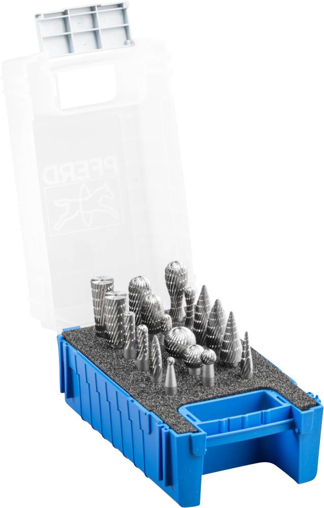 Blue box with drill attachments of different shapes and sizes. The upper container section is transparent and displays the 'Pferd' logo.