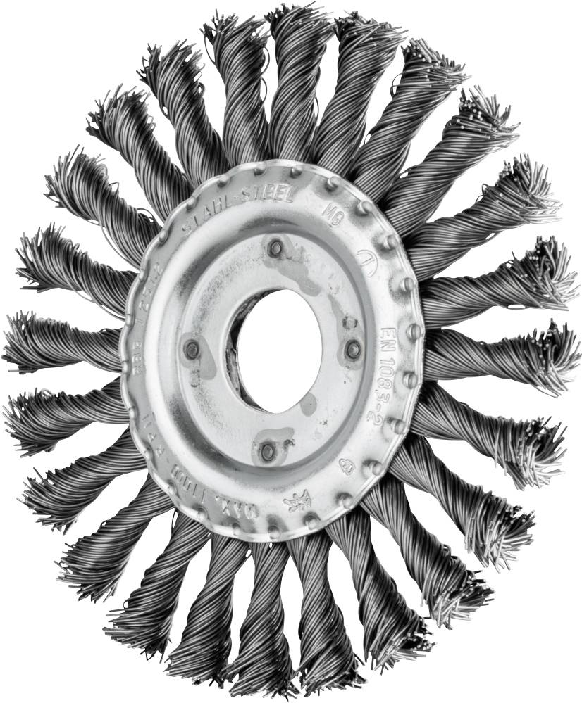Steel wire brush with rotating bristles, shaped like a circular disc. Suitable for removing rust and paint.