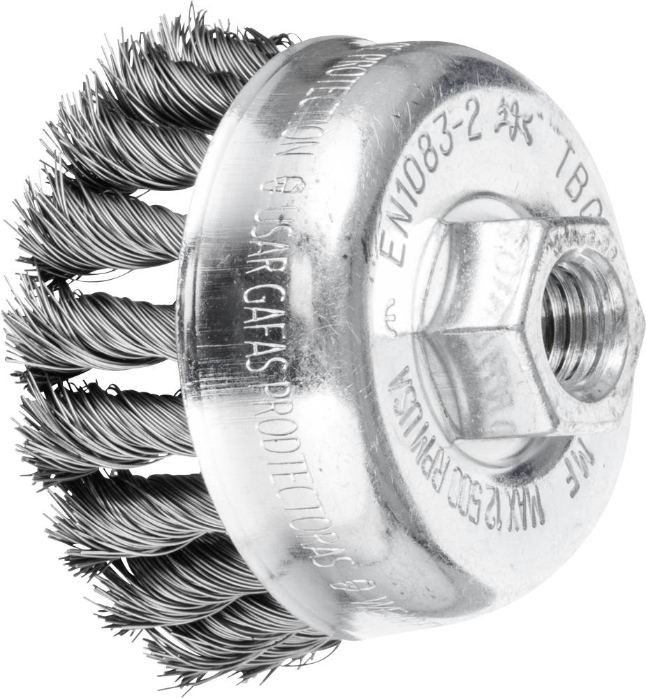Metal brush attachment with twisted wire bristles and threading for securing to tools. Suitable for removing rust and paint.