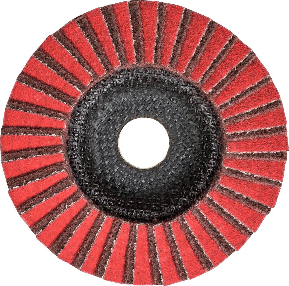 A grinding mop disc with red grinding lamellae arranged in a circular pattern around a central hole, on a white background.