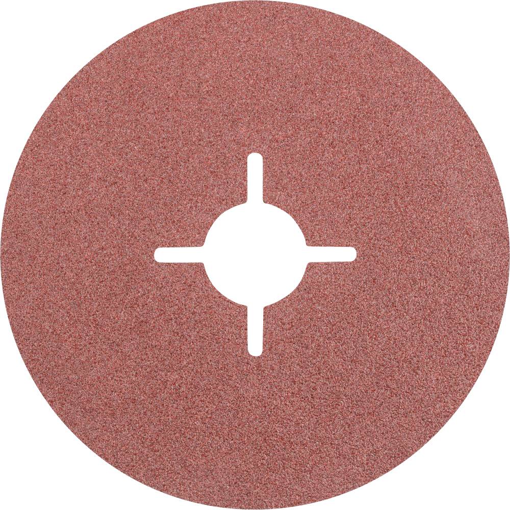 Round sanding disc made of red sandpaper with a cross-shaped hole in the centre. Suitable for smoothing or polishing surfaces.
