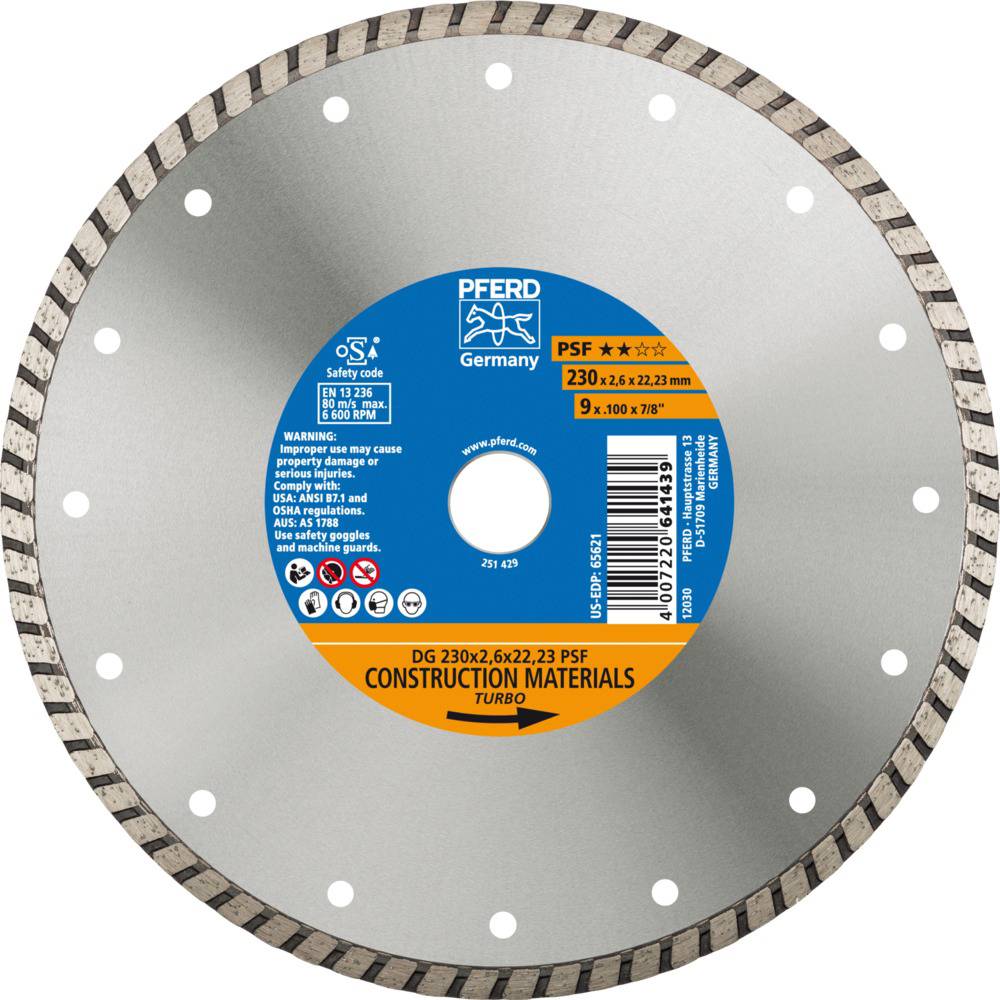 Diamond cutting disc with blue centre, brand name 'Pferd', diameter 230mm. Suitable for construction work, turbo cutting performance.