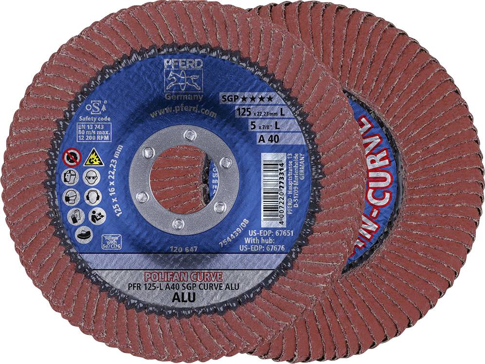 Two overlapping grinding discs with blue labelling. Brand 'Pferd', Type 'Polifan Curve PFR 125'. For metalworking.