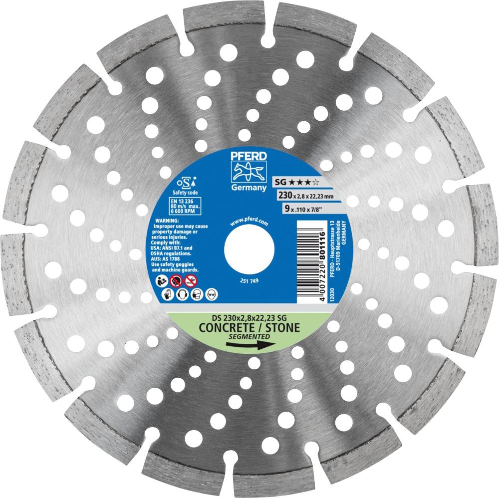 Diamond saw blade for concrete/stone, 230 mm diameter. Silver with blue centre, labelled with technical specifications.