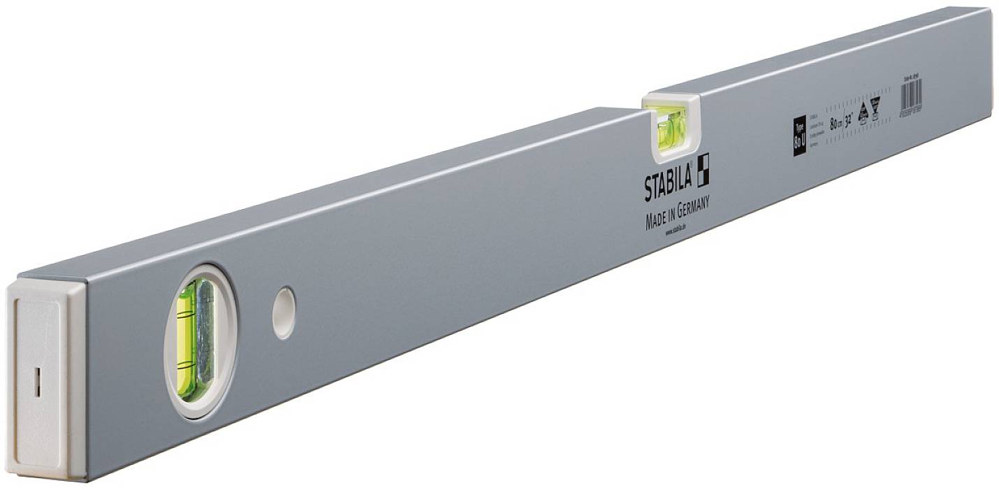 Spirit level in silver with two vials for precise measurement of horizontal and vertical surfaces. Perfect for construction work.