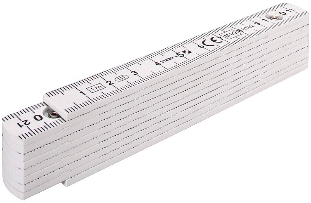 A folded wooden ruler with centimetre and millimetre markings. It shows the first five centimetres.