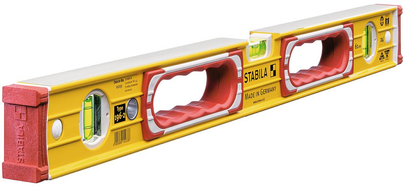 Spirit level with a yellow casing and two vials. It is used to check horizontal or vertical alignment.