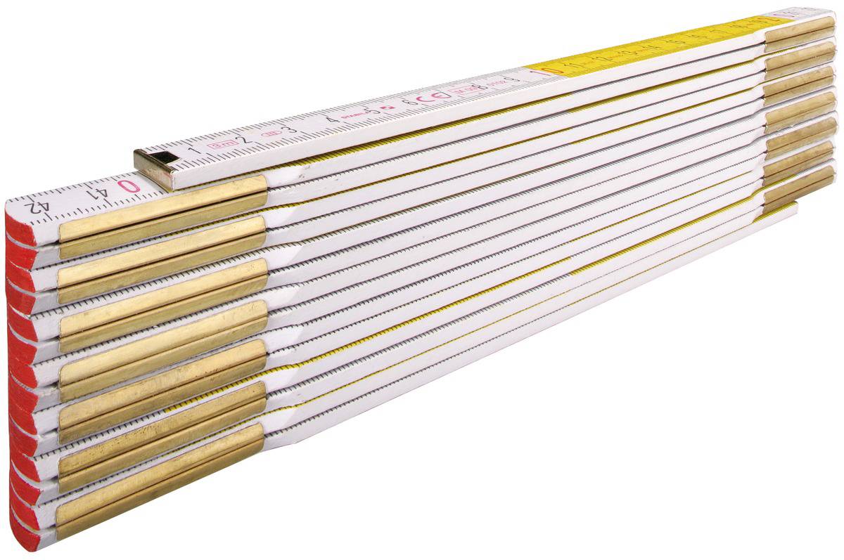 A folding wooden ruler with metal joints, with inch measurements on the red sides and metric measurements on the white side.