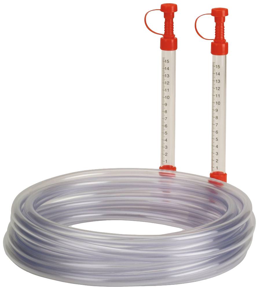 A transparent spirit level set with two red measuring rods for precise measuring and levelling of surfaces.