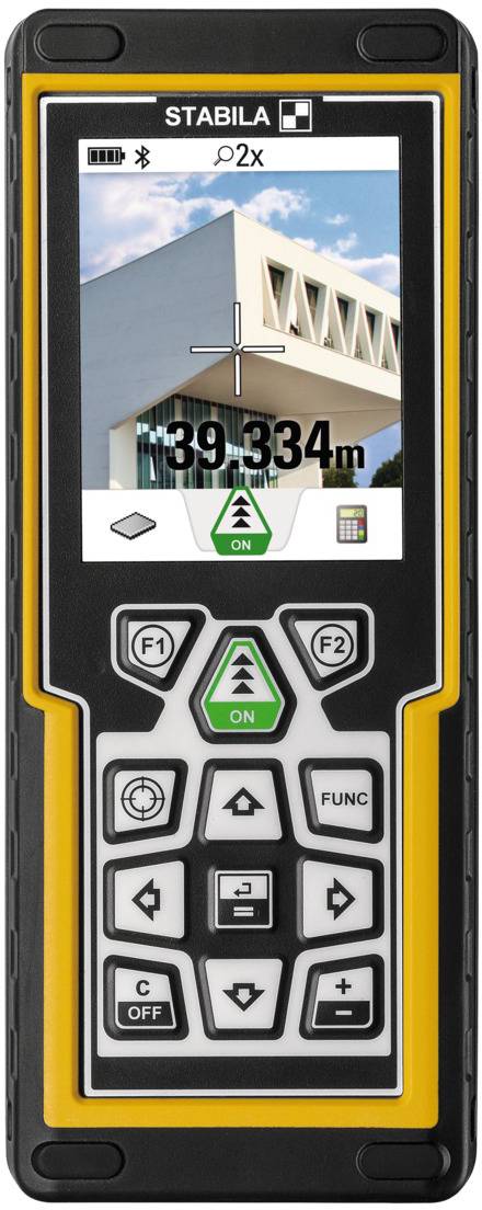 Handheld laser distance meter with digital display, showing 39.334 metres. Drum unit display and building image.