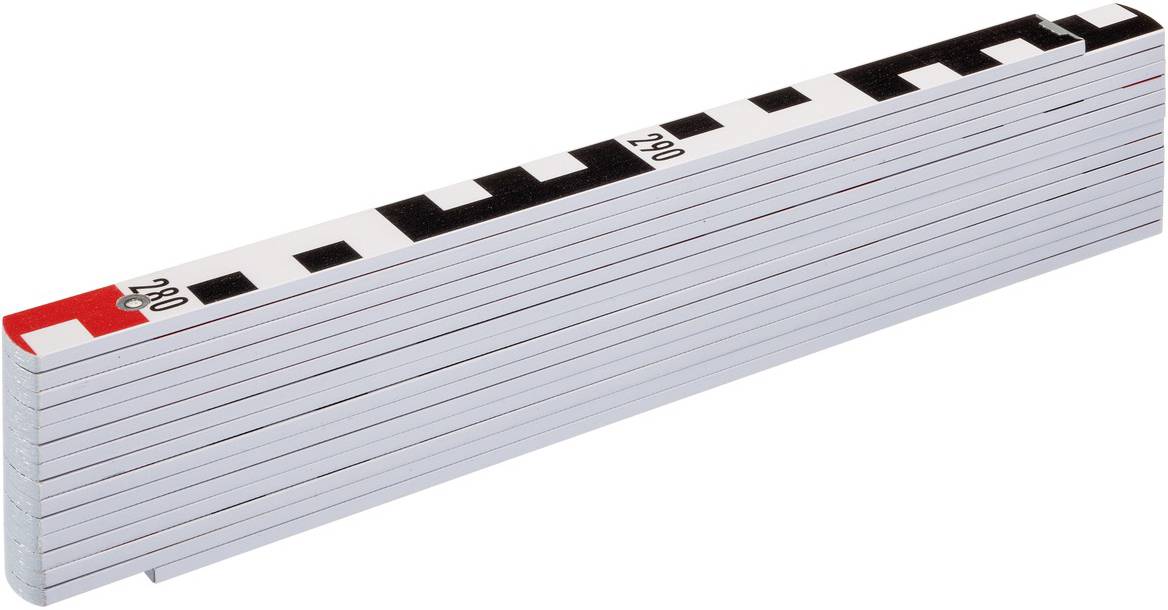 A folding metre rule, partially unfolded, shows centimetre markings with black and red digits.