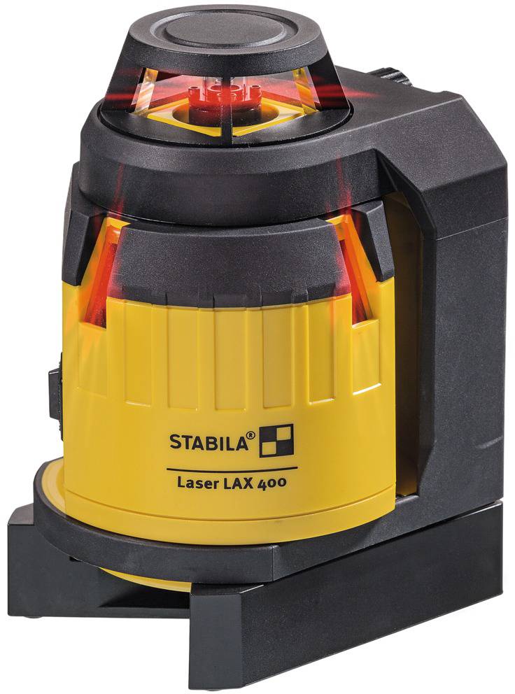 A yellow laser level with a black casing, model 'STABILA Laser LAX 400', projects red laser lines.