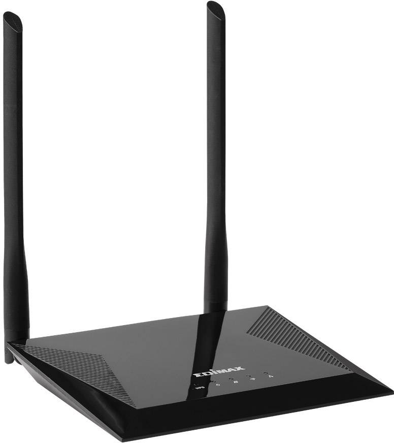 A black Wi-Fi router with two aerials, a sleek design, and LED indicators on the front.