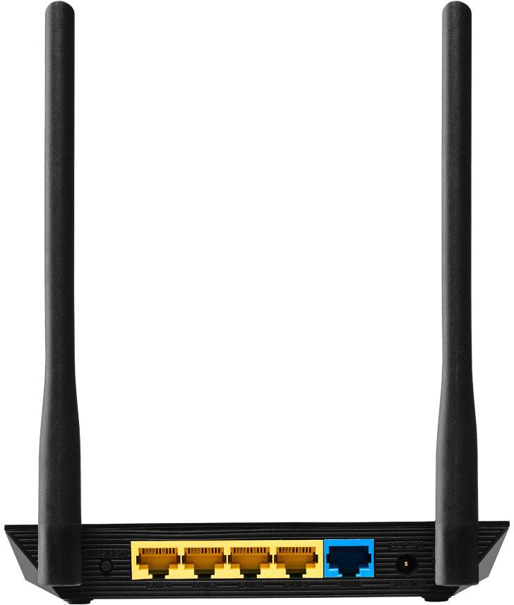 Back of a Wi-Fi router with two aerials, four yellow LAN ports and a blue WAN port.