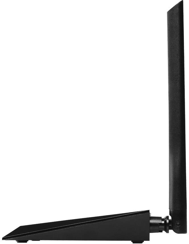 A black, upright Wi-Fi adapter with an antenna, viewed from the side. Essential for wireless internet connection.