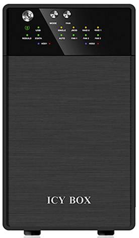 External hard drive enclosure in black with 'ICY BOX' brand logo on the front, multiple LED indicators for status and connections on the top.