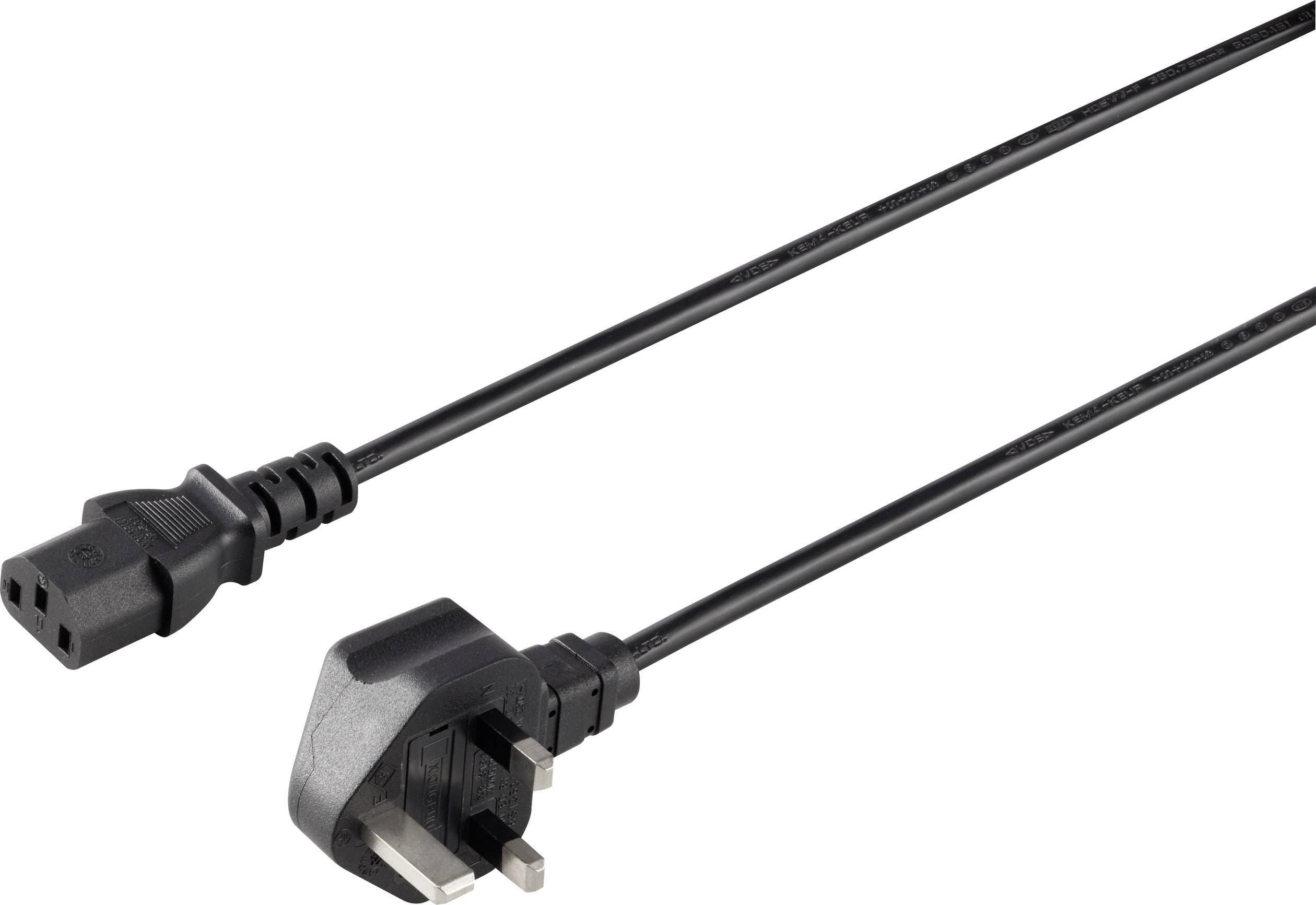 Black network cable with three-pin plug and standardised socket connection, suitable for computers and electrical appliances.