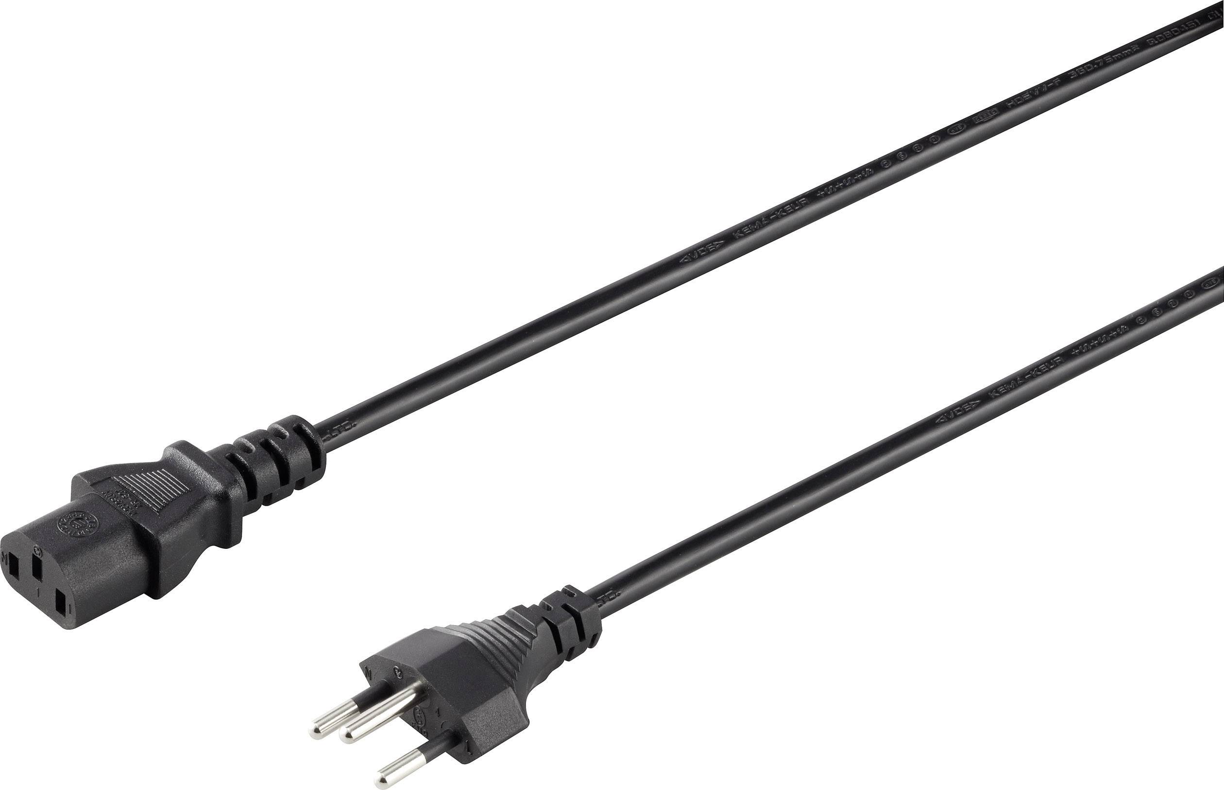 A black power cable with a Schuko plug on one end and an IEC socket on the other, suitable for electrical appliances.