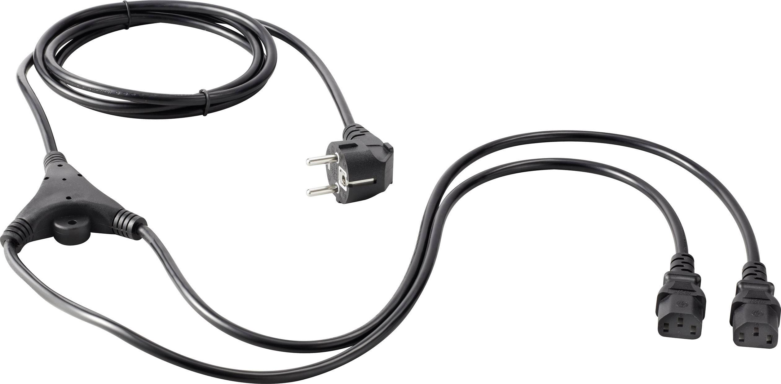 Black power cable with Schuko plug and two IEC outlets. Suitable for connecting multiple electrical devices to a single power source.
