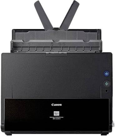 A black Canon document scanner with paper feed on top, suitable for rapid document scanning in offices or at home.