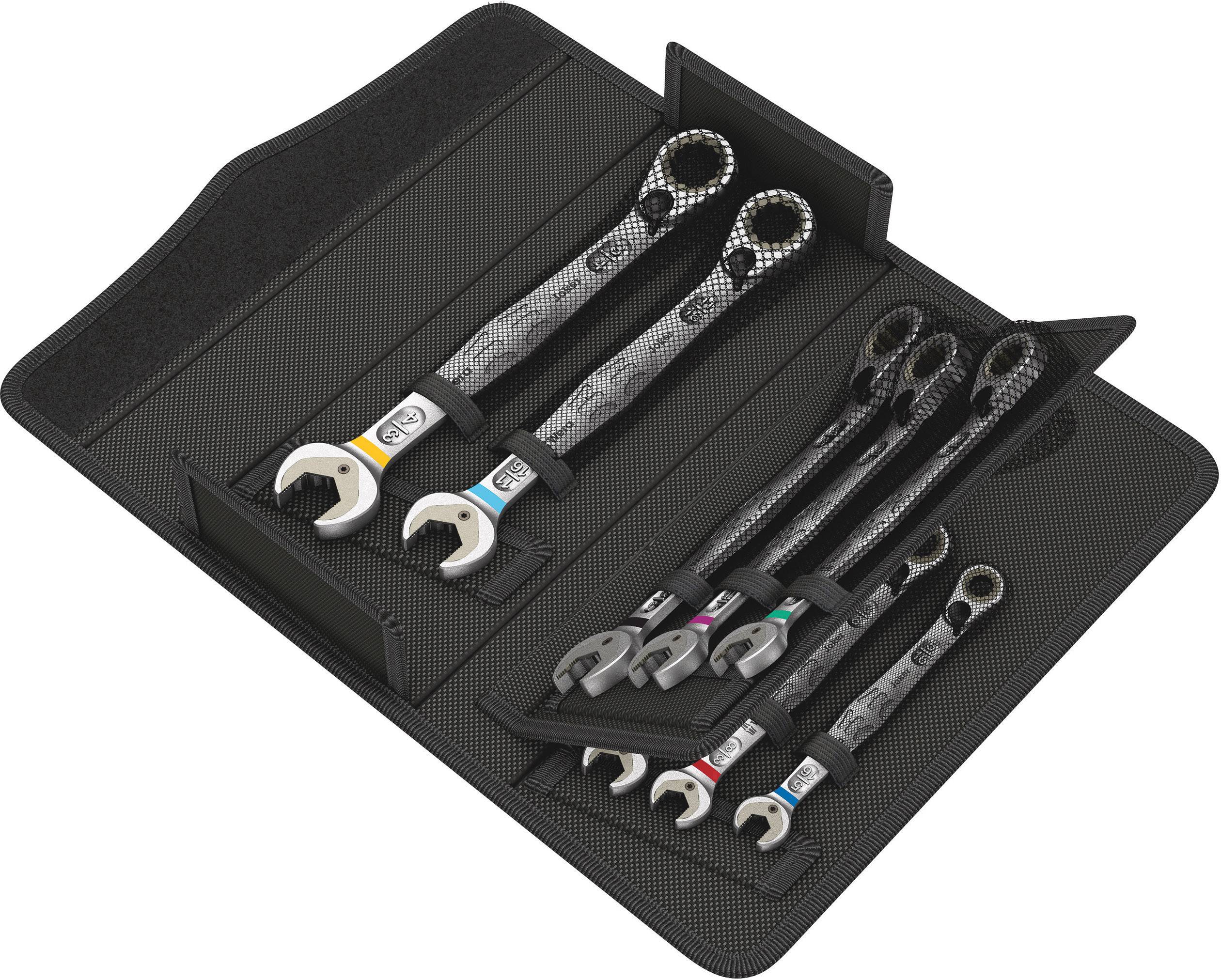 A set of open-end spanners in a black folding case, with each spanner featuring coloured markings to indicate different sizes.